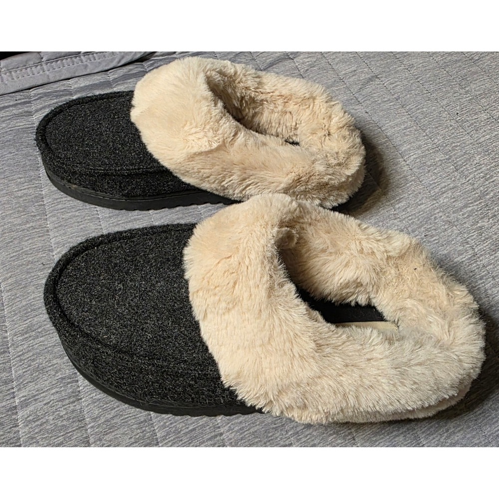 536 Dearfoams Womens Gray Felt Faux Fur Trim Clog Slippers Medium 7-8 US